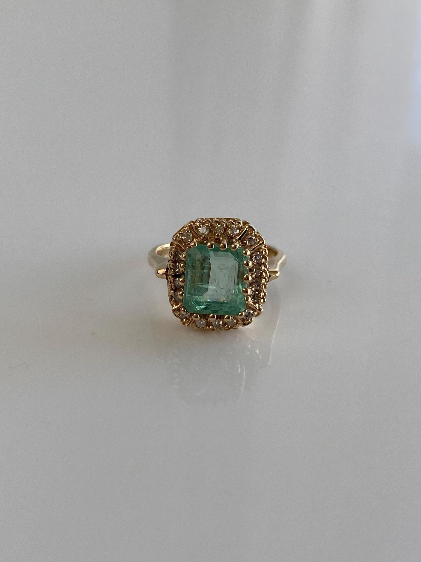 Vintage Solid 14k Yellow Gold Diamond Halo Emerald Ring - Size 5.5