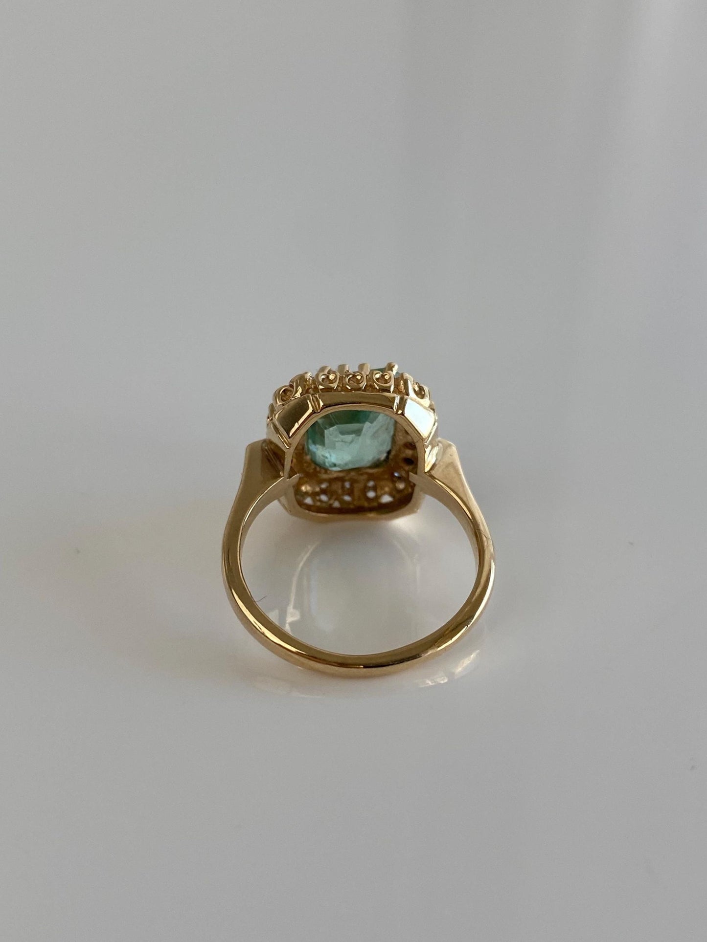 Vintage Solid 14k Yellow Gold Diamond Halo Emerald Ring - Size 5.5