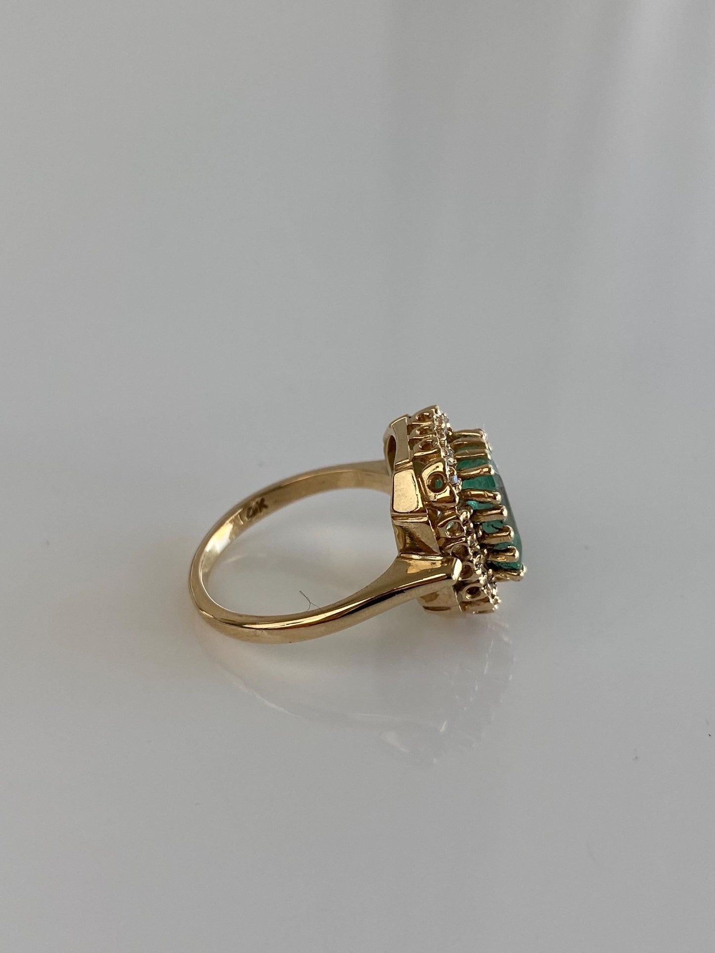 Vintage Solid 14k Yellow Gold Diamond Halo Emerald Ring - Size 5.5