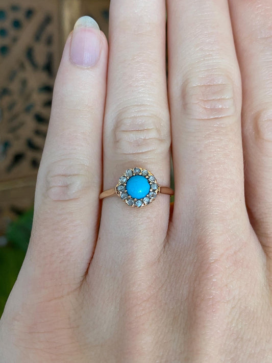 Vintage Solid 14k Rosey Gold Turquoise Raw Diamond Halo Ring - Size 5.25