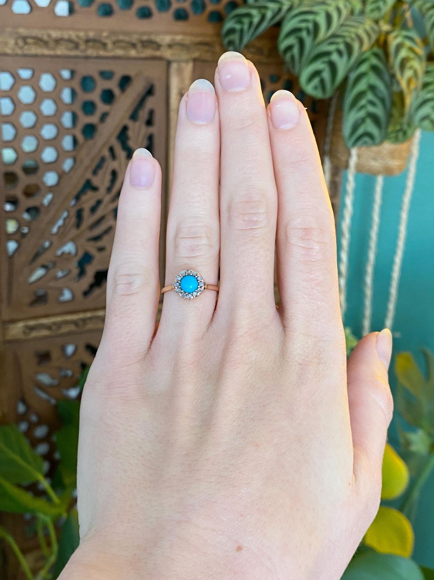 Vintage Solid 14k Rosey Gold Turquoise Raw Diamond Halo Ring - Size 5.25