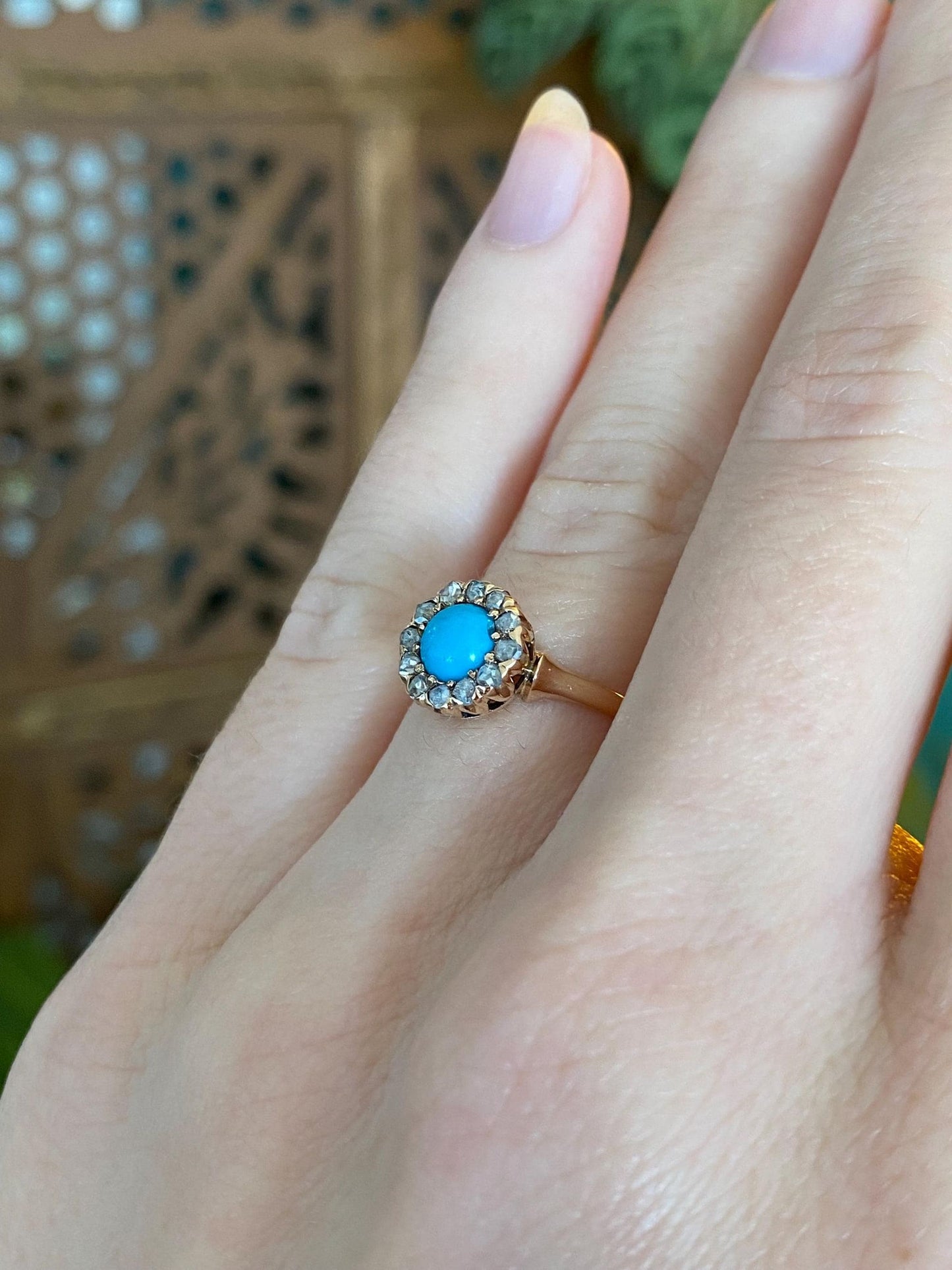 Vintage Solid 14k Rosey Gold Turquoise Raw Diamond Halo Ring - Size 5.25