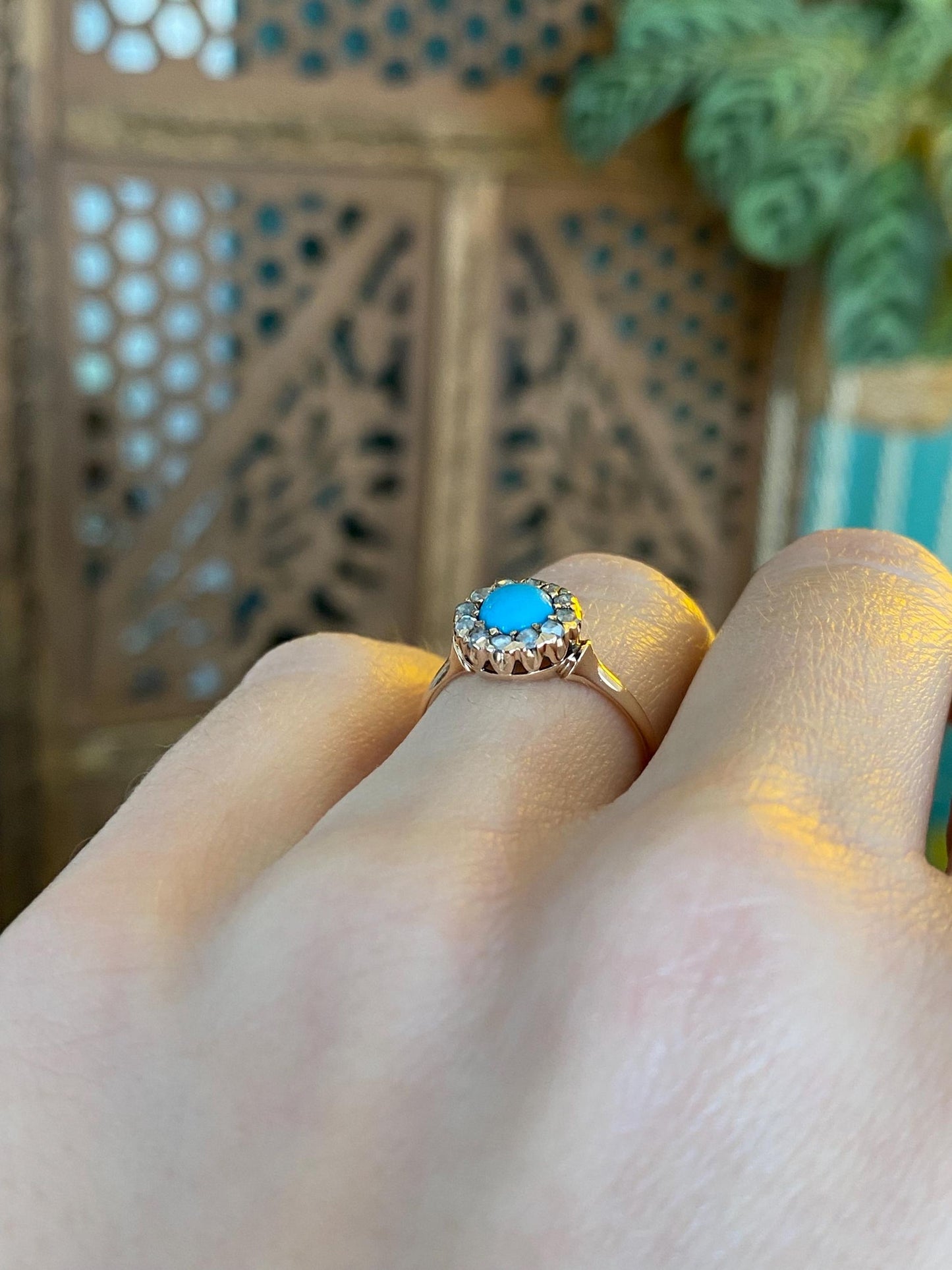 Vintage Solid 14k Rosey Gold Turquoise Raw Diamond Halo Ring - Size 5.25