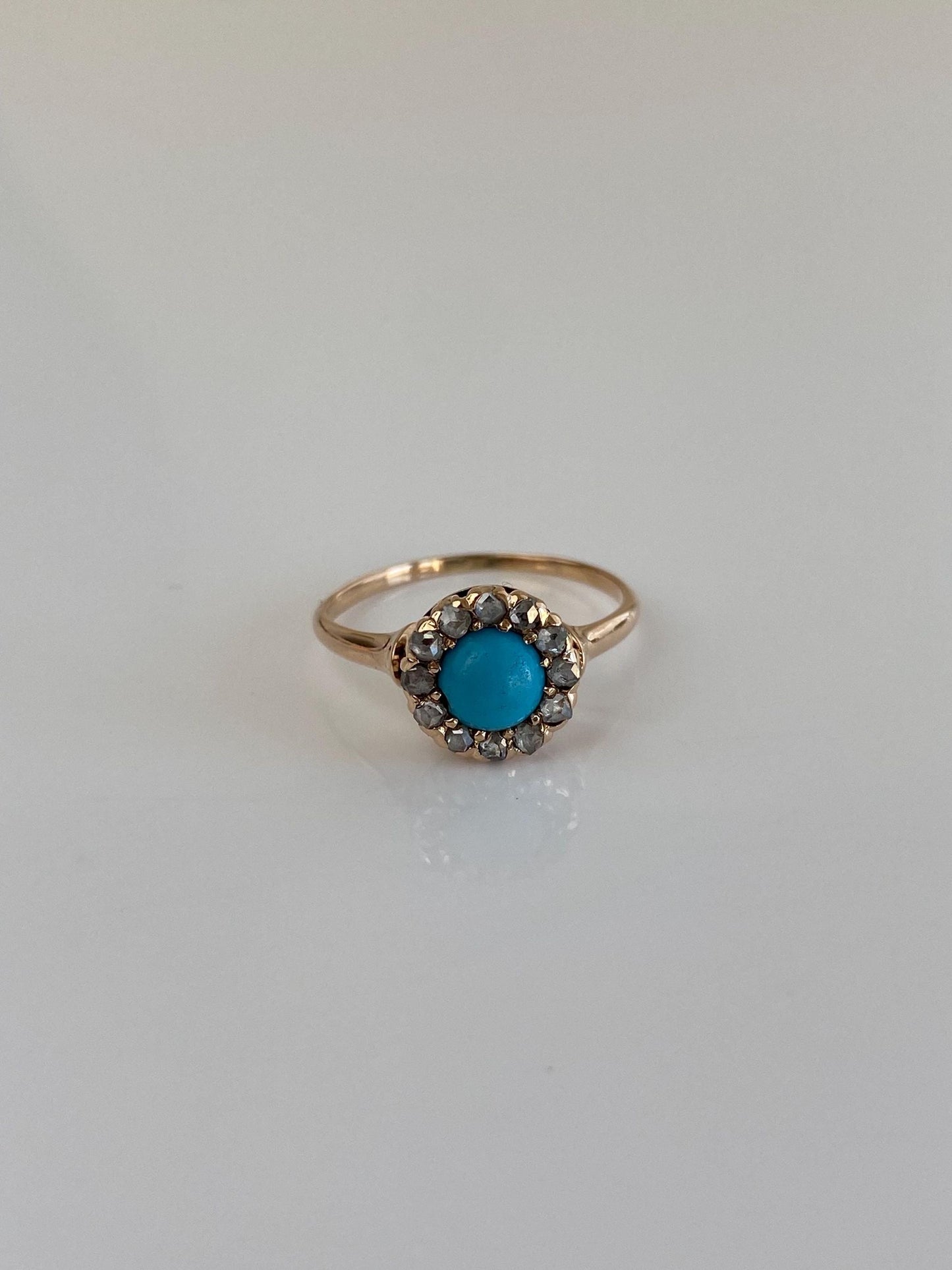 Vintage Solid 14k Rosey Gold Turquoise Raw Diamond Halo Ring - Size 5.25