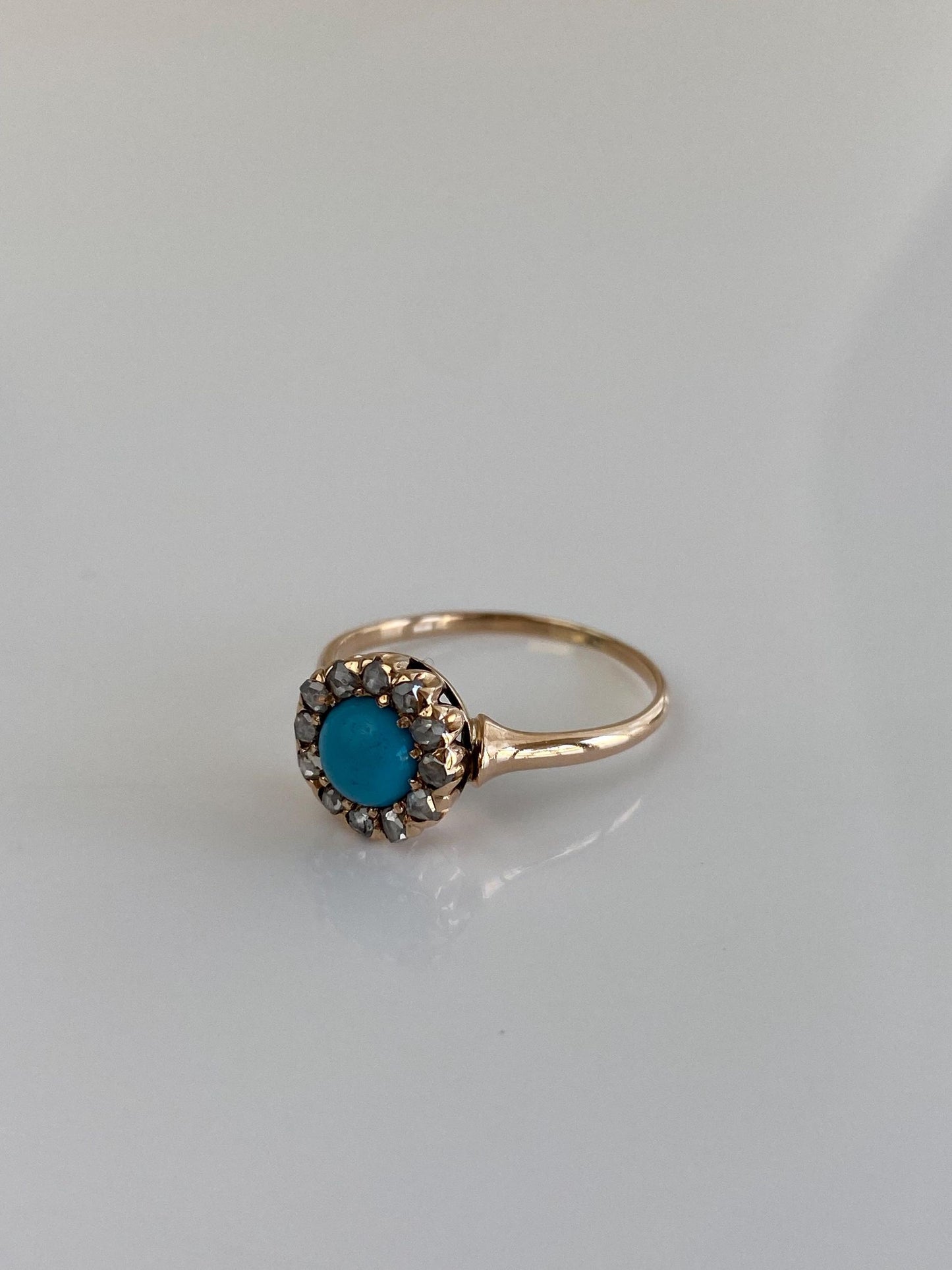 Vintage Solid 14k Rosey Gold Turquoise Raw Diamond Halo Ring - Size 5.25