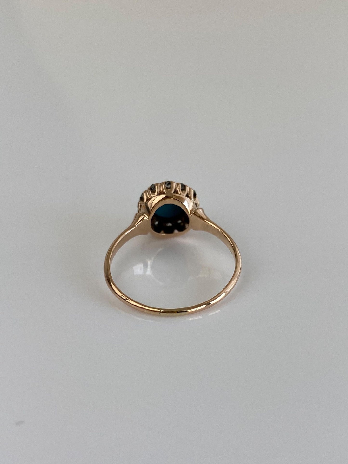 Vintage Solid 14k Rosey Gold Turquoise Raw Diamond Halo Ring - Size 5.25