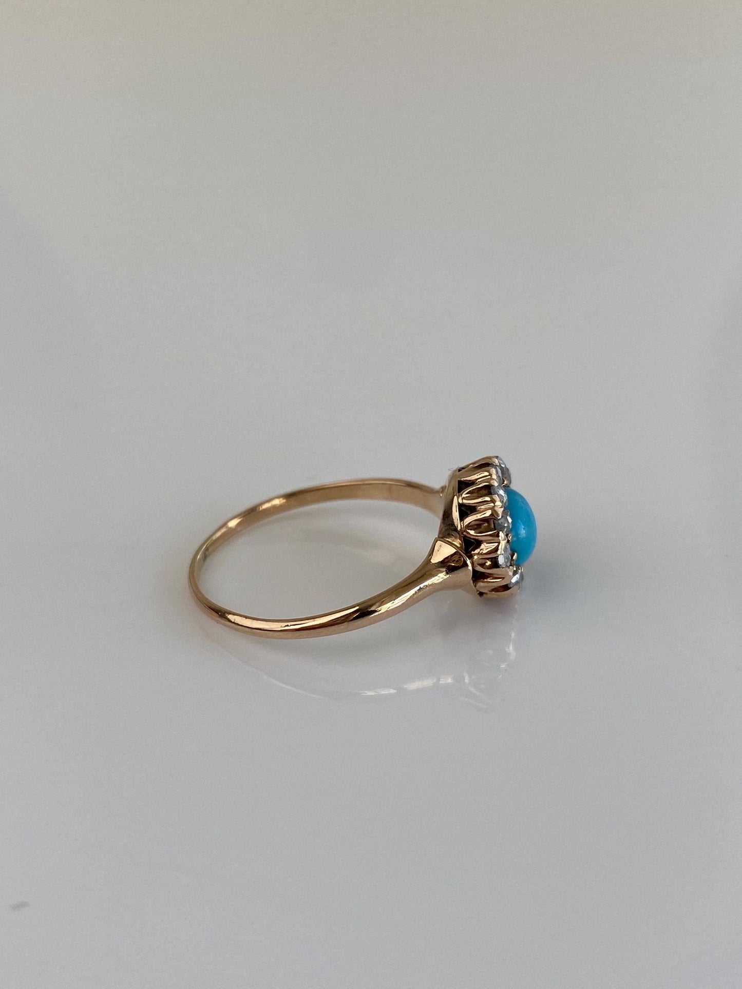 Vintage Solid 14k Rosey Gold Turquoise Raw Diamond Halo Ring - Size 5.25