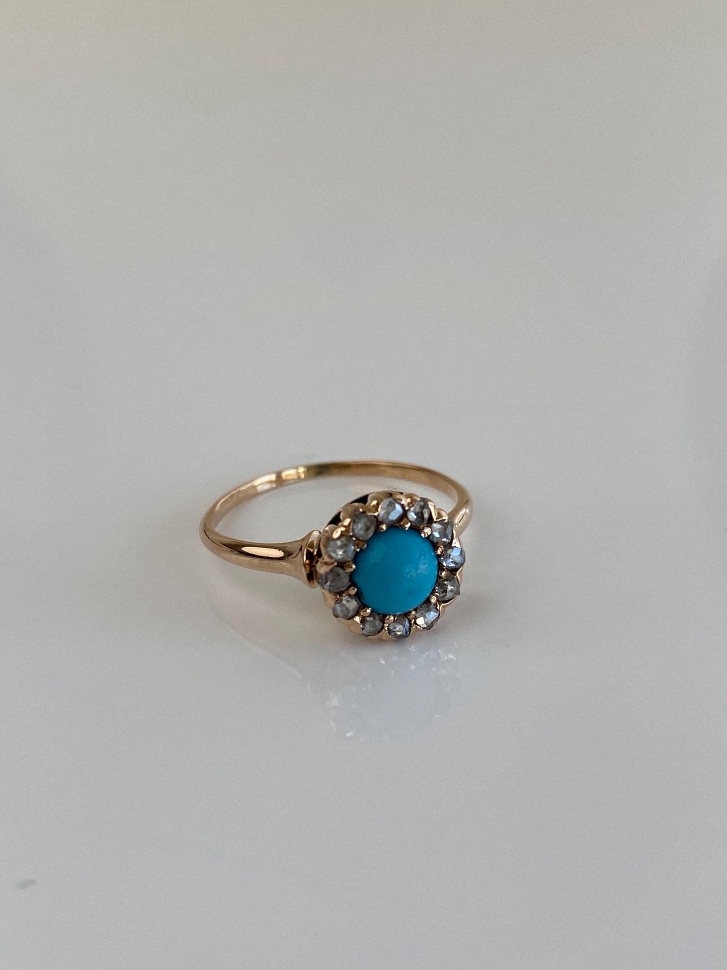 Vintage Solid 14k Rosey Gold Turquoise Raw Diamond Halo Ring - Size 5.25