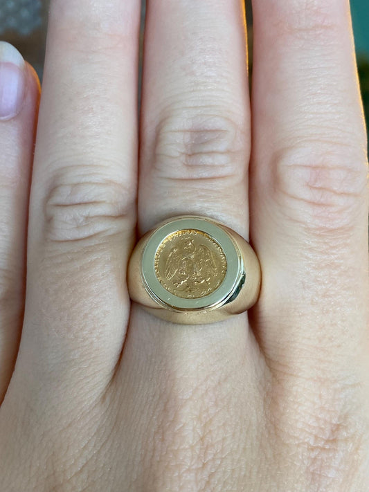 Vintage Solid 10k Yellow Gold Mexican Dos Peso Gold Coin Ring - Size 9.75