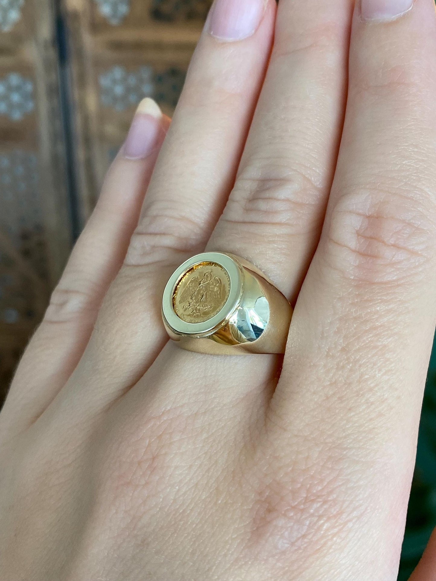 Vintage Solid 10k Yellow Gold Mexican Dos Peso Gold Coin Ring - Size 9.75