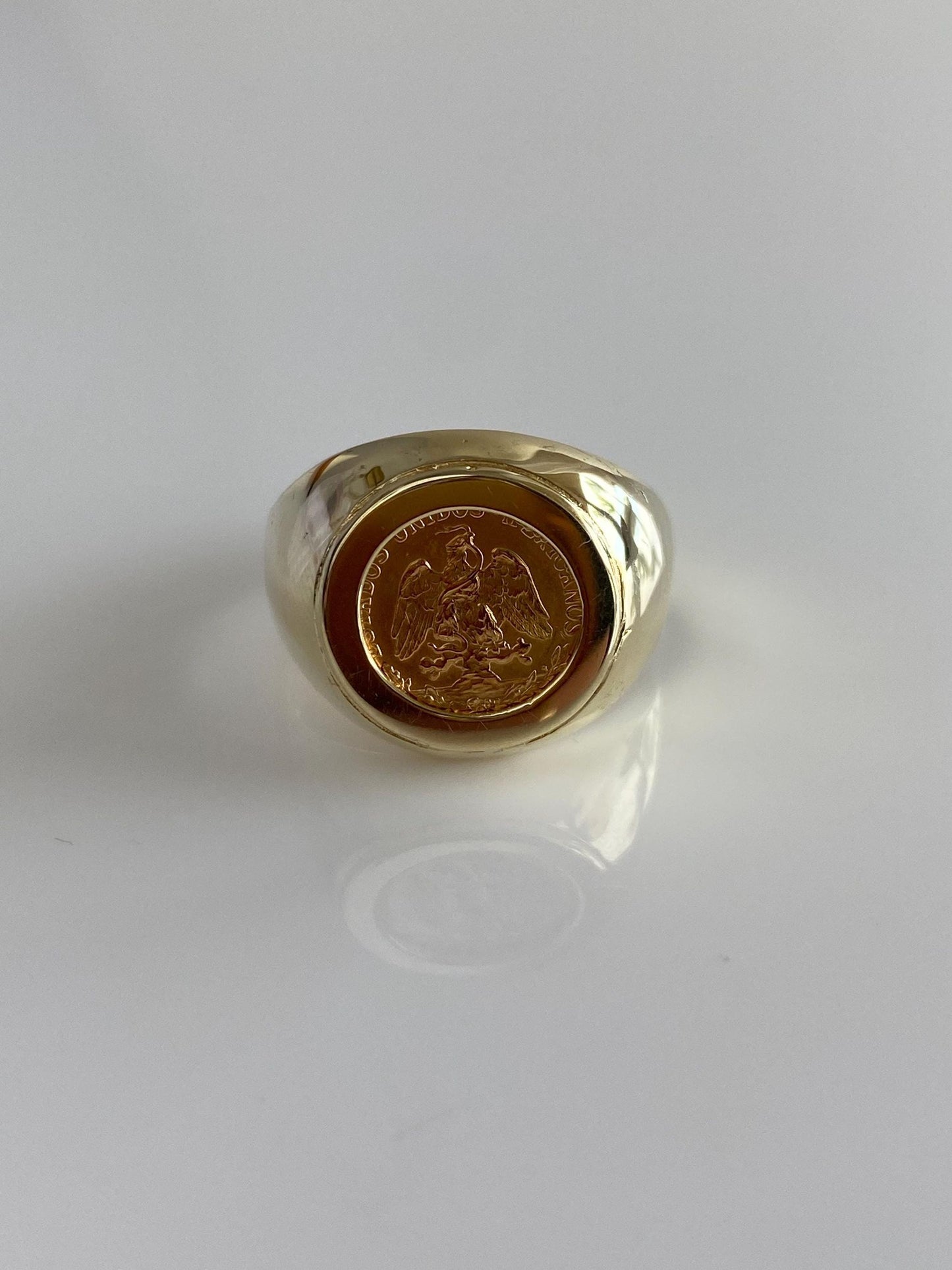 Vintage Solid 10k Yellow Gold Mexican Dos Peso Gold Coin Ring - Size 9.75