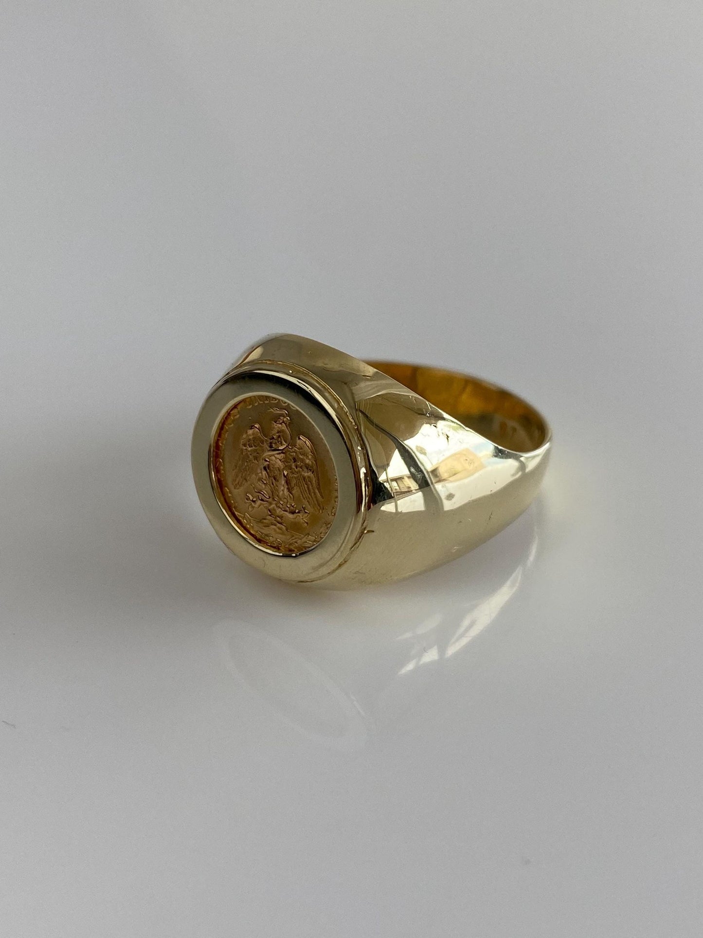 Vintage Solid 10k Yellow Gold Mexican Dos Peso Gold Coin Ring - Size 9.75