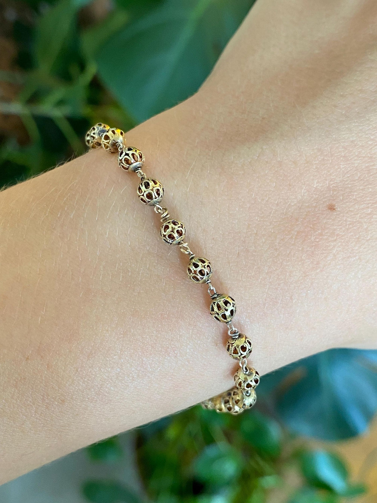 Vintage Solid 14k Yellow Gold Open Work Ball Link Bracelet - 7.25 inches