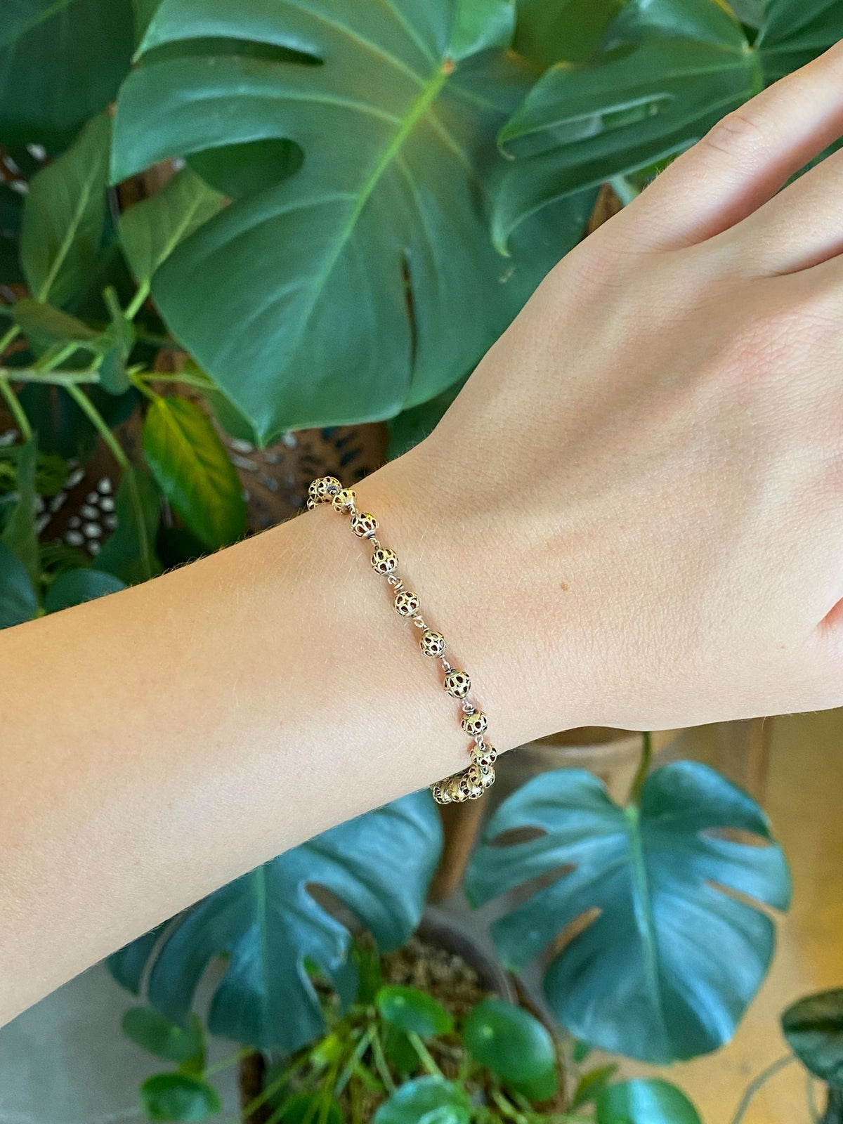 Vintage Solid 14k Yellow Gold Open Work Ball Link Bracelet - 7.25 inches