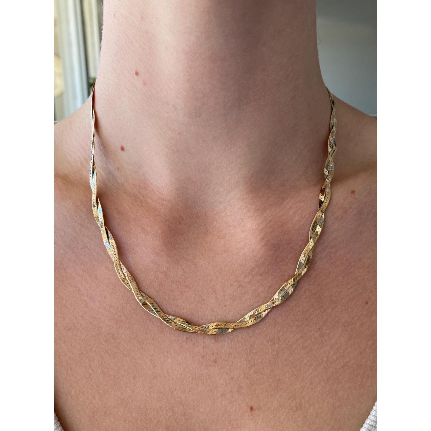 Vintage Solid 14k Yellow & White Gold Twist Herringbone Chain Necklace - 18.25 inches