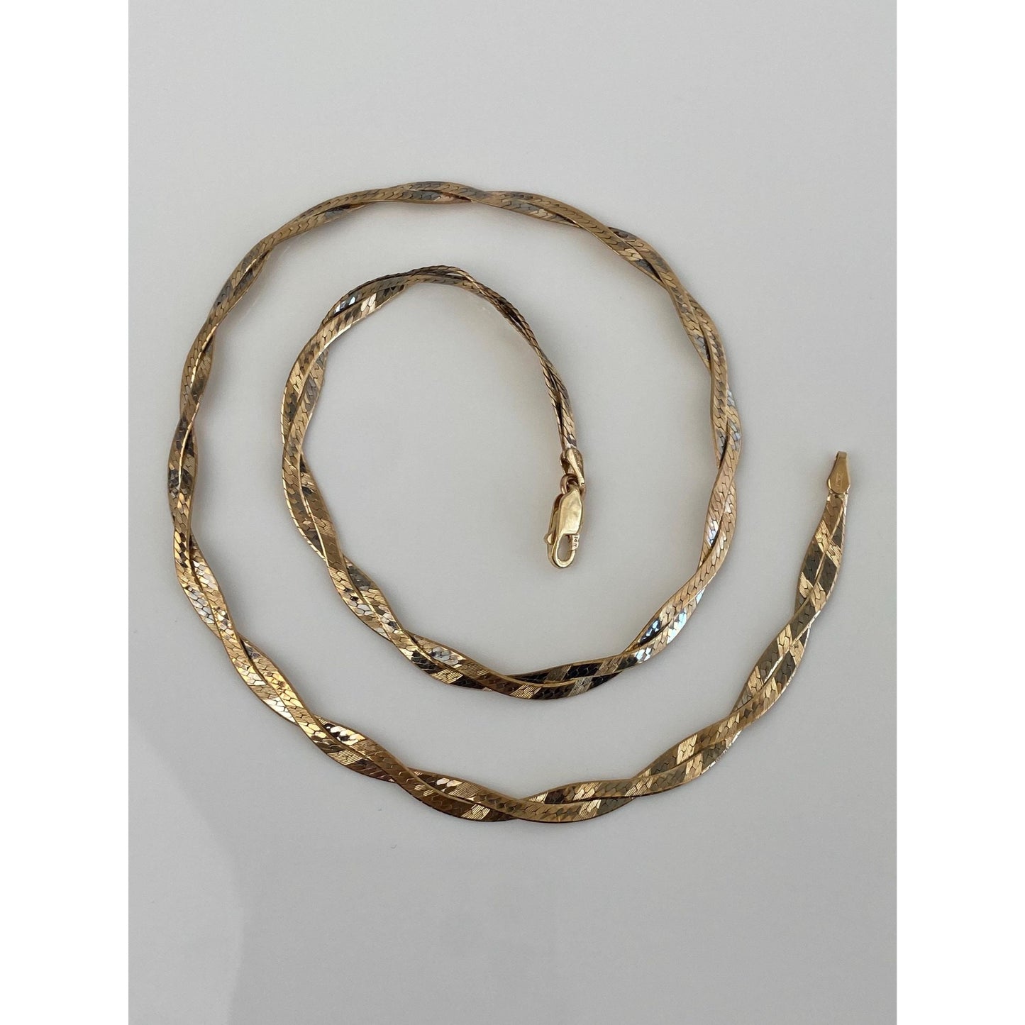 Vintage Solid 14k Yellow & White Gold Twist Herringbone Chain Necklace - 18.25 inches