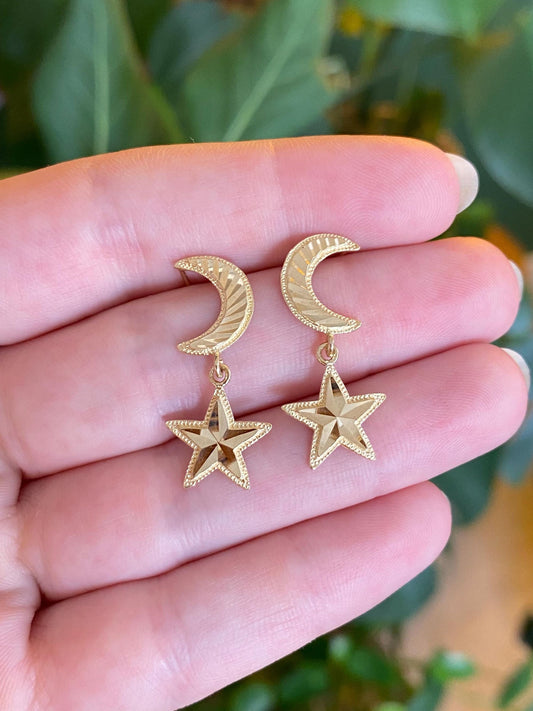 Vintage Solid 14k Yellow Gold Diamond Cut Moon & Star Dangle Stud Earrings