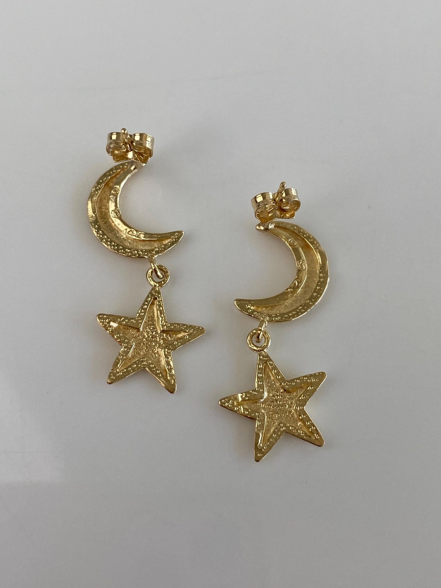 Vintage Solid 14k Yellow Gold Diamond Cut Moon & Star Dangle Stud Earrings