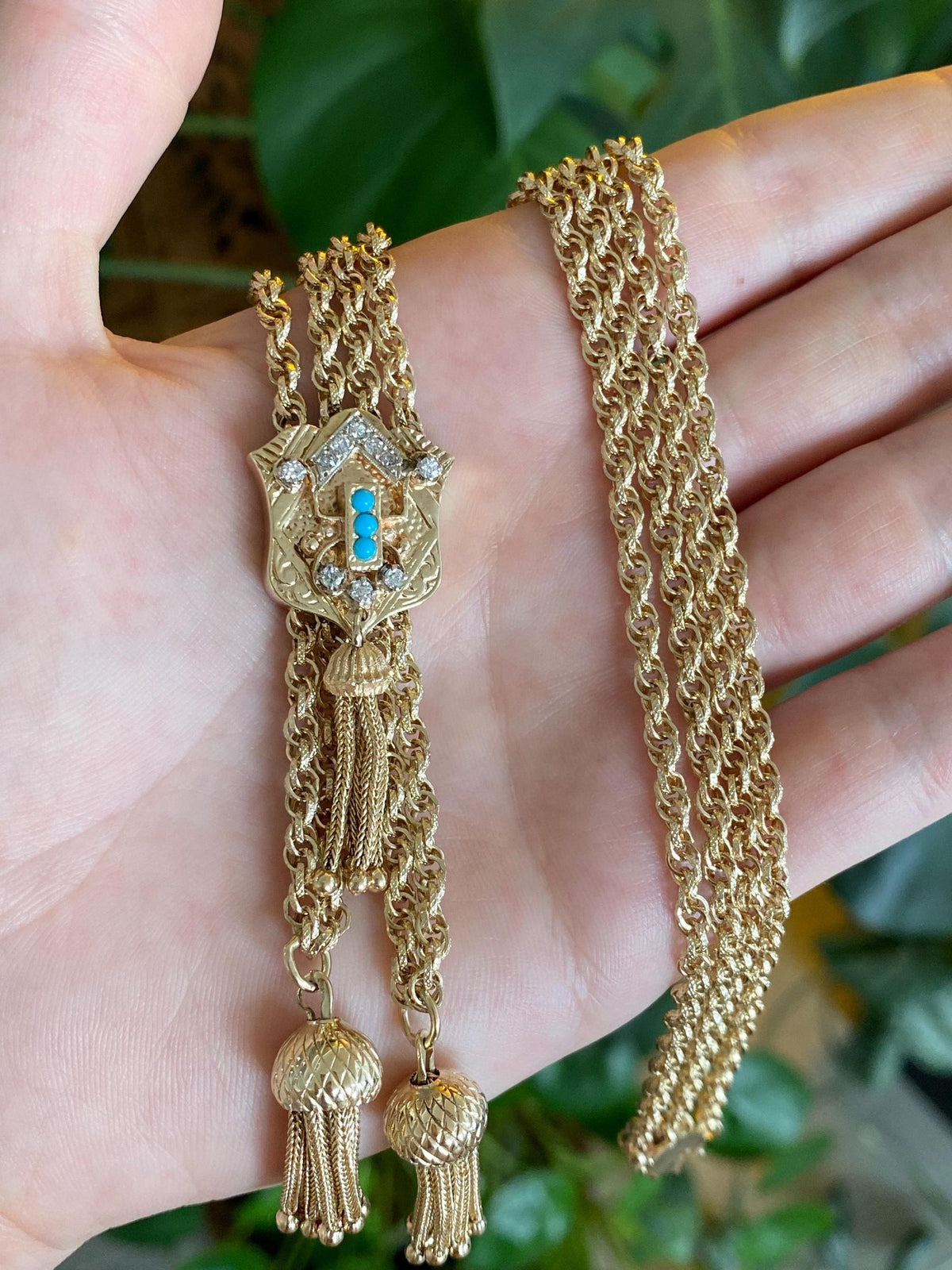 Solid 14k Yellow Gold Diamonds Turquoise Double Strand Textured Rope Style Chain Wheat Chain Fringe Adjustable Necklace - 25.5 inches