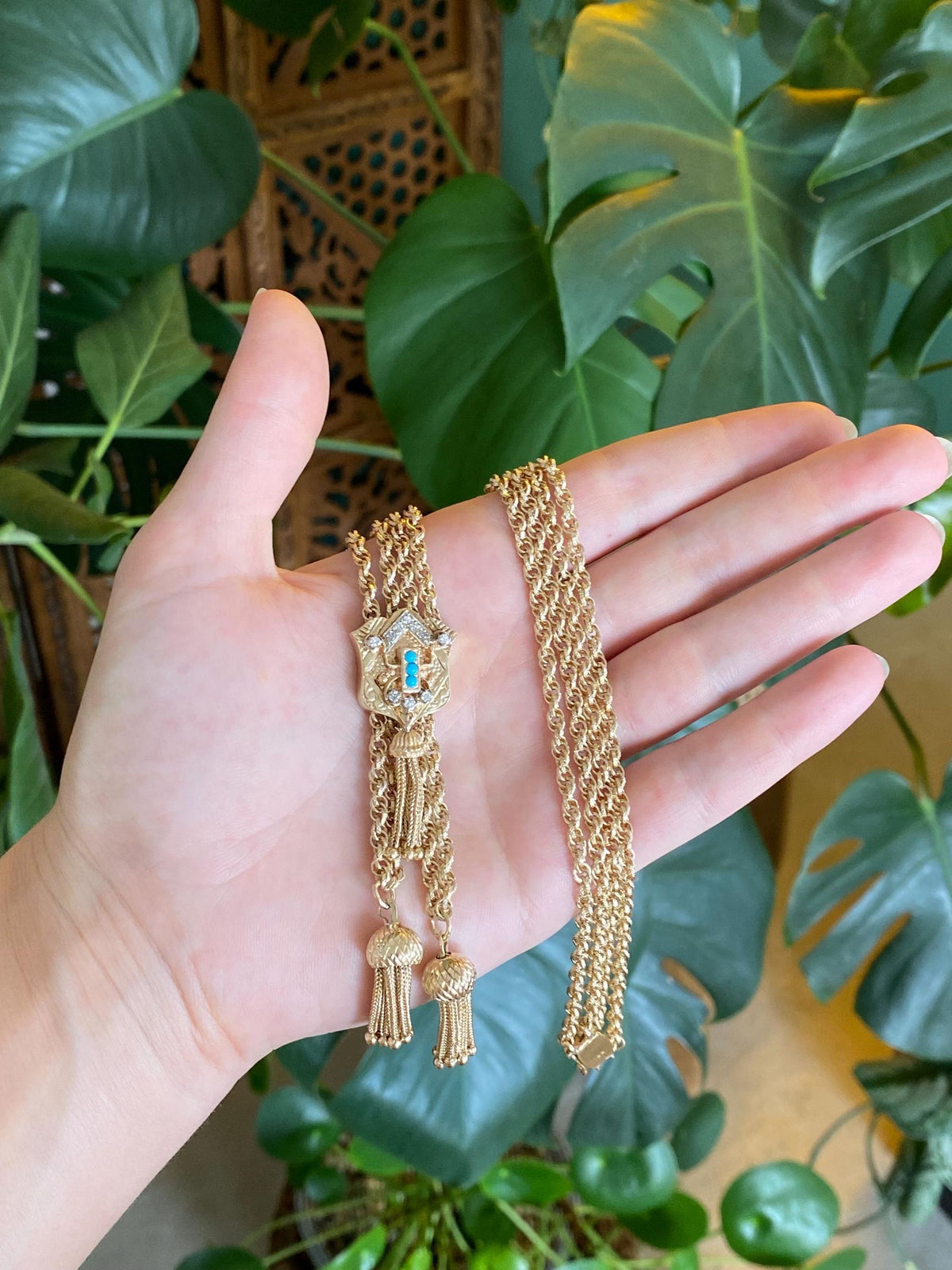 Solid 14k Yellow Gold Diamonds Turquoise Double Strand Textured Rope Style Chain Wheat Chain Fringe Adjustable Necklace - 25.5 inches