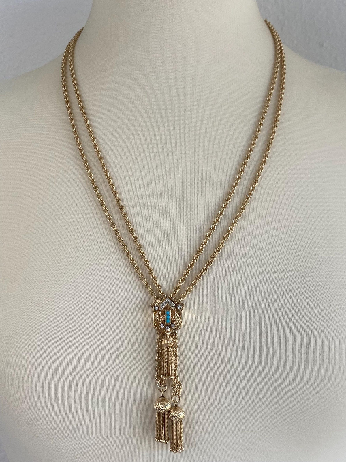Solid 14k Yellow Gold Diamonds Turquoise Double Strand Textured Rope Style Chain Wheat Chain Fringe Adjustable Necklace - 25.5 inches