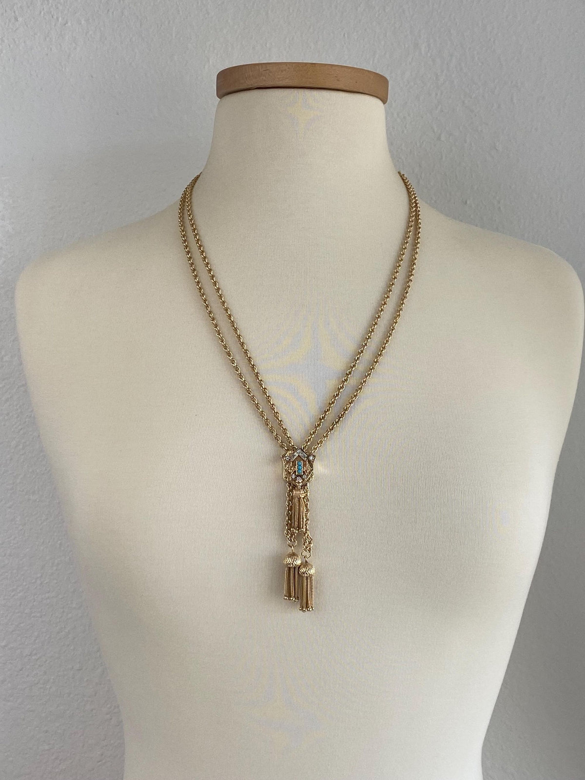 Solid 14k Yellow Gold Diamonds Turquoise Double Strand Textured Rope Style Chain Wheat Chain Fringe Adjustable Necklace - 25.5 inches