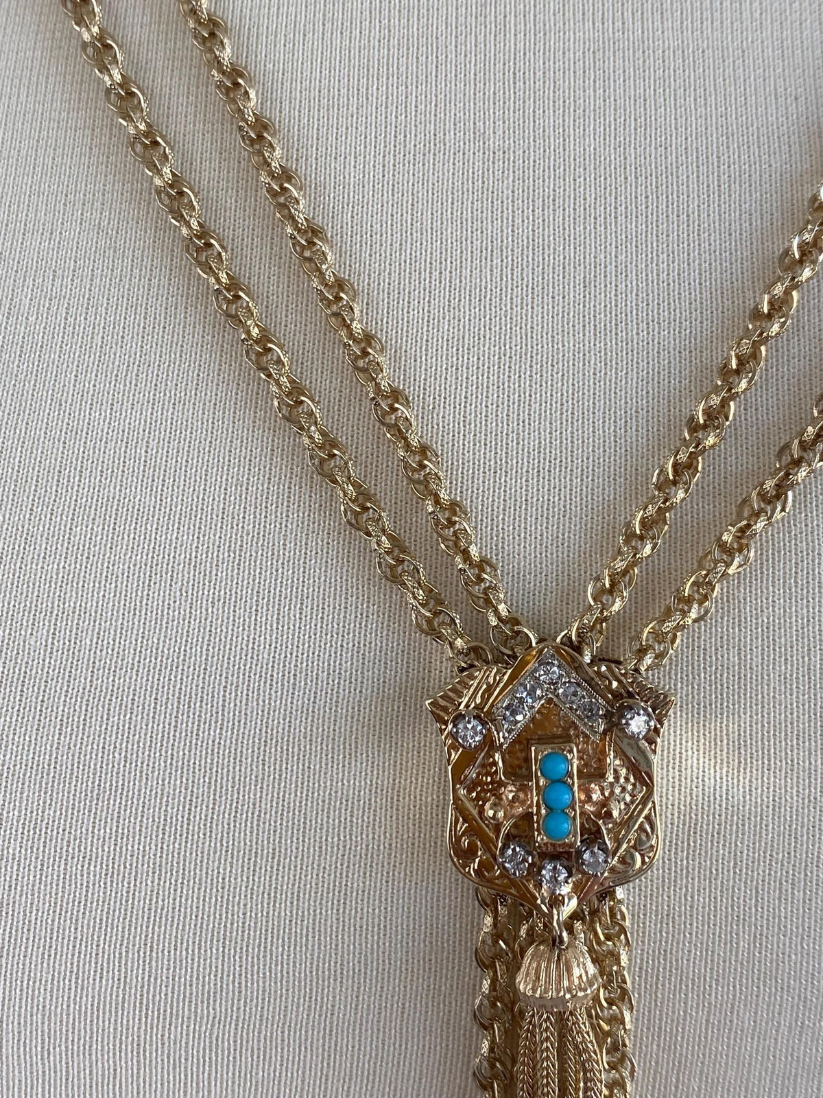 Solid 14k Yellow Gold Diamonds Turquoise Double Strand Textured Rope Style Chain Wheat Chain Fringe Adjustable Necklace - 25.5 inches