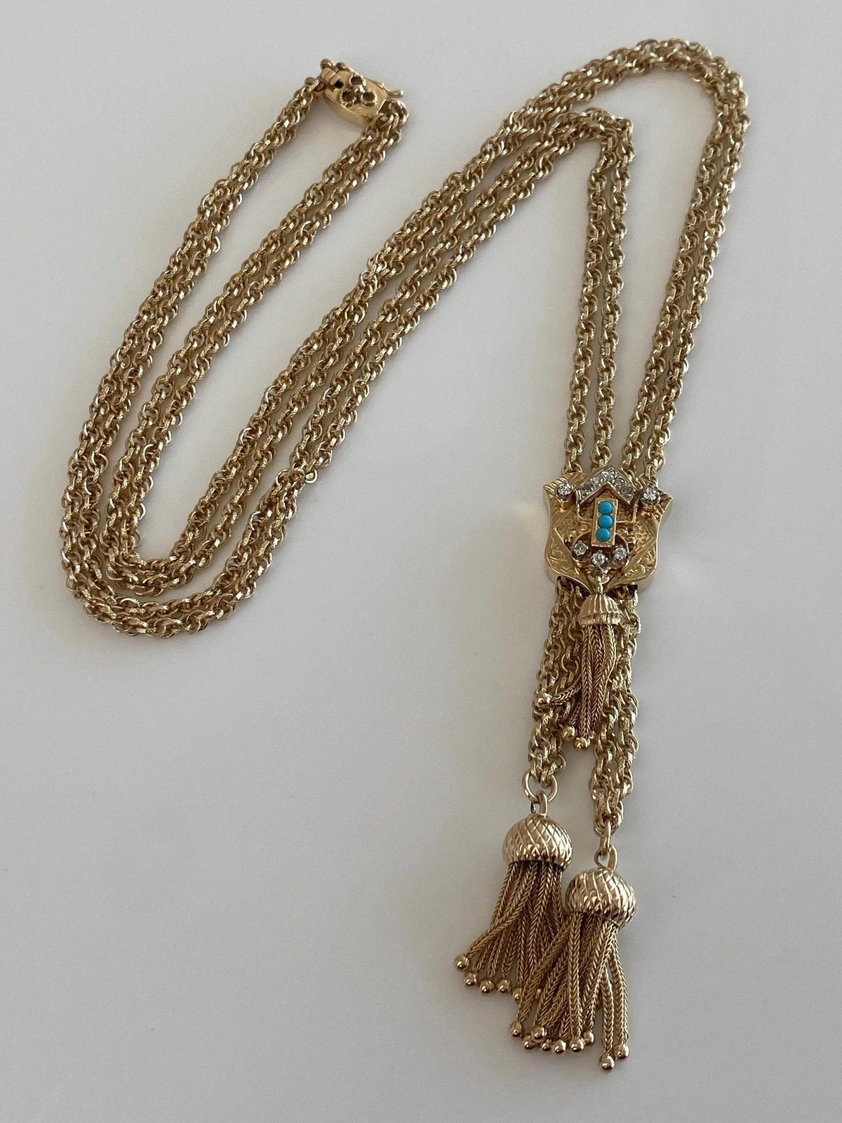 Solid 14k Yellow Gold Diamonds Turquoise Double Strand Textured Rope Style Chain Wheat Chain Fringe Adjustable Necklace - 25.5 inches