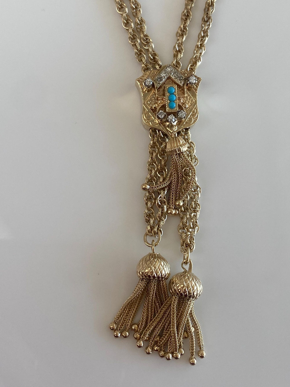 Solid 14k Yellow Gold Diamonds Turquoise Double Strand Textured Rope Style Chain Wheat Chain Fringe Adjustable Necklace - 25.5 inches