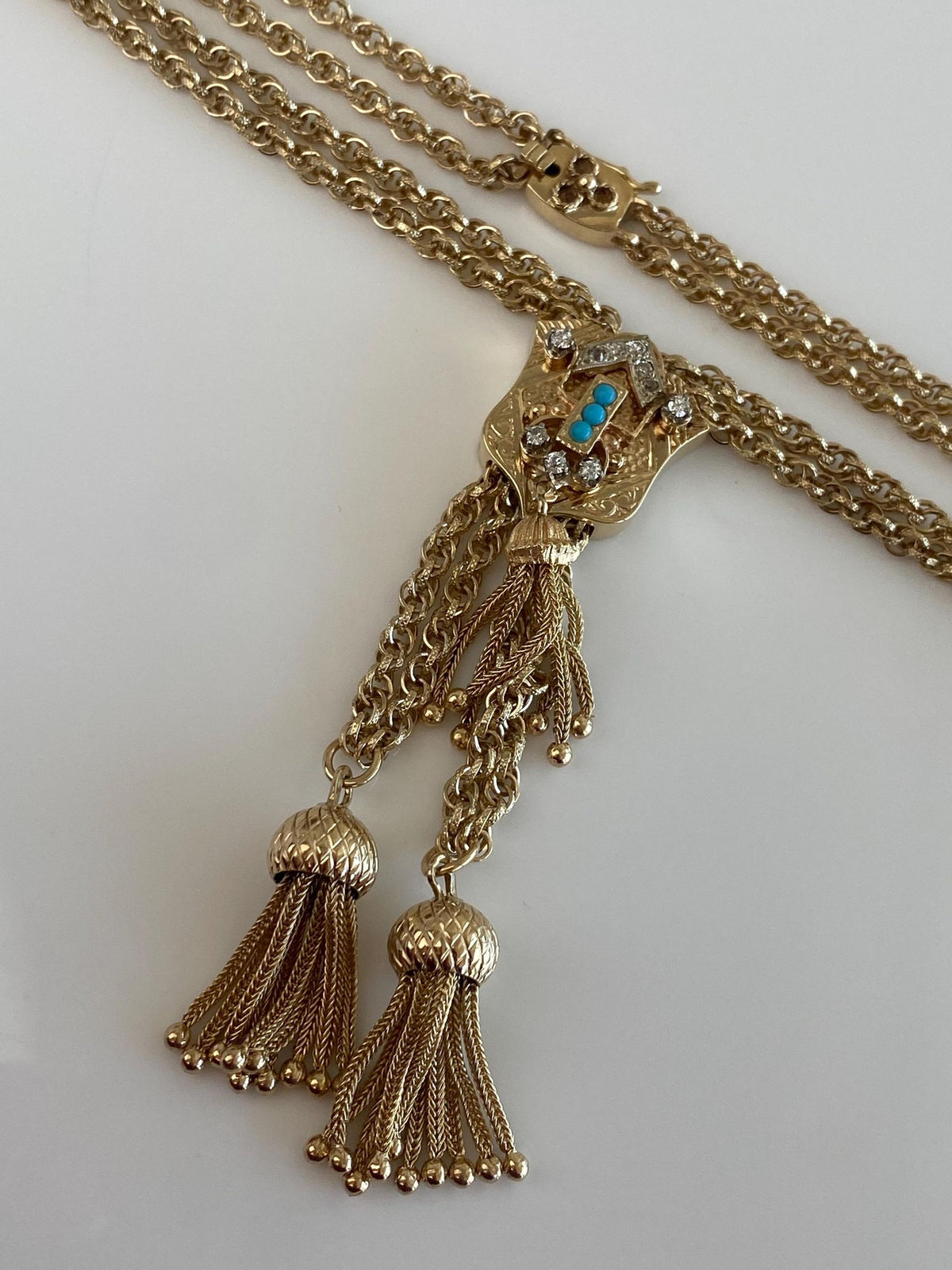 Solid 14k Yellow Gold Diamonds Turquoise Double Strand Textured Rope Style Chain Wheat Chain Fringe Adjustable Necklace - 25.5 inches