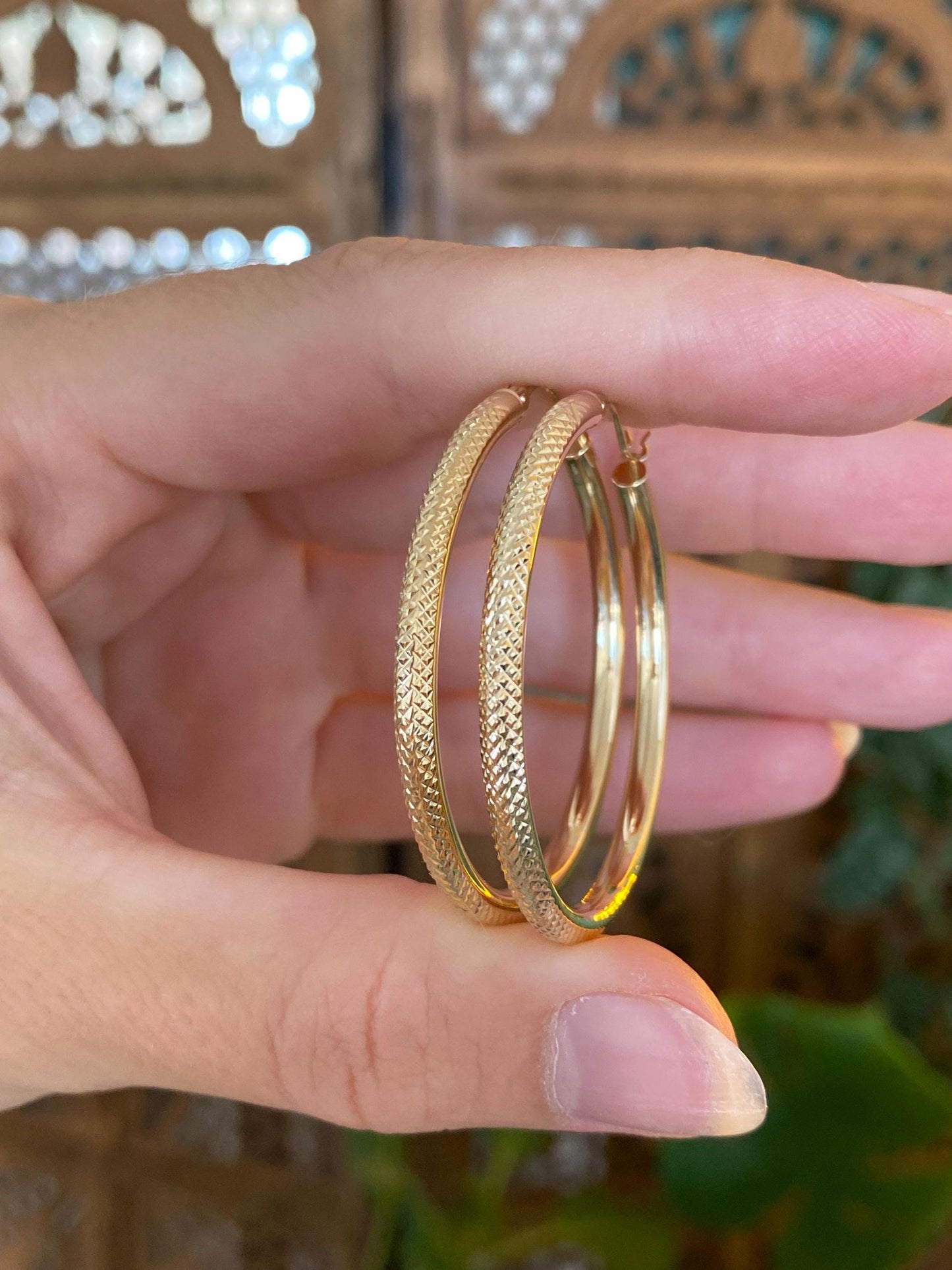 Vintage 14k Yellow Gold Textured Hoop Earrings