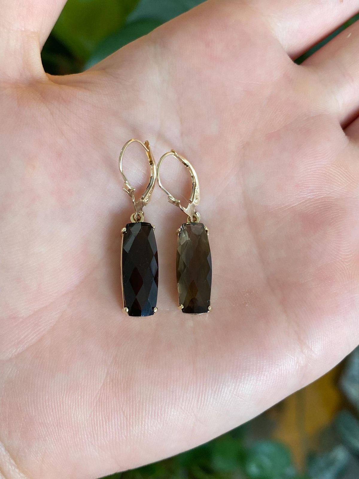 Vintage Solid 10k Yellow Gold Faceted Smokey Quartz Dangle Earrings