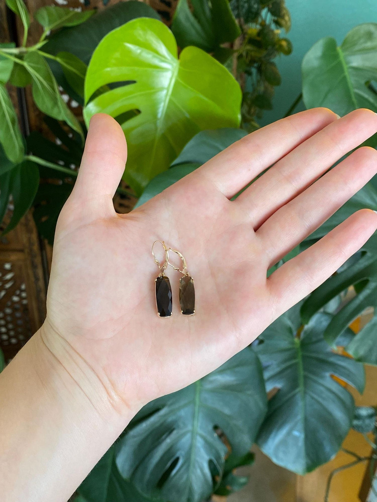 Vintage Solid 10k Yellow Gold Faceted Smokey Quartz Dangle Earrings