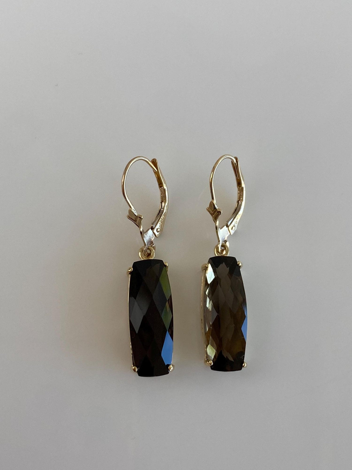 Vintage Solid 10k Yellow Gold Faceted Smokey Quartz Dangle Earrings