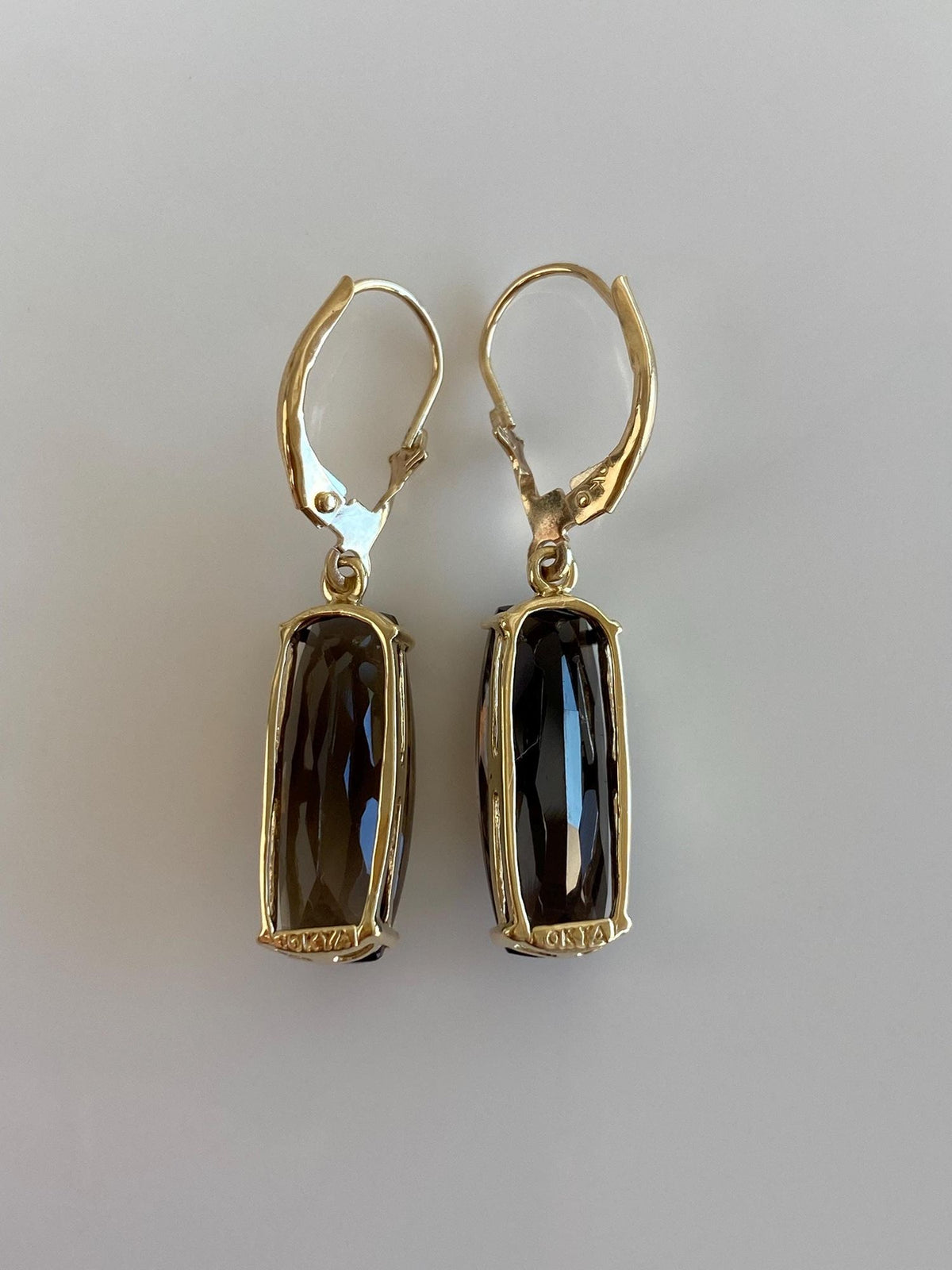 Vintage Solid 10k Yellow Gold Faceted Smokey Quartz Dangle Earrings