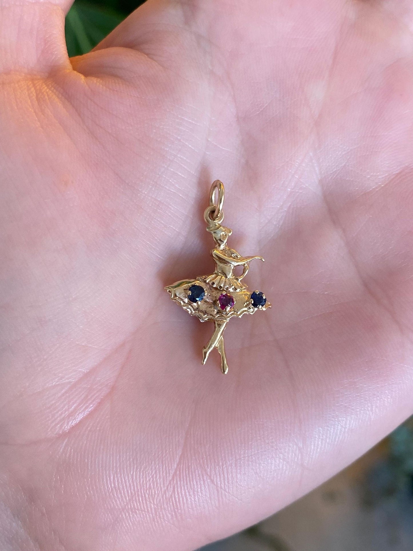 Vintage Solid 14k Yellow Gold Pink and Blue Sapphire Ballerina Charm
