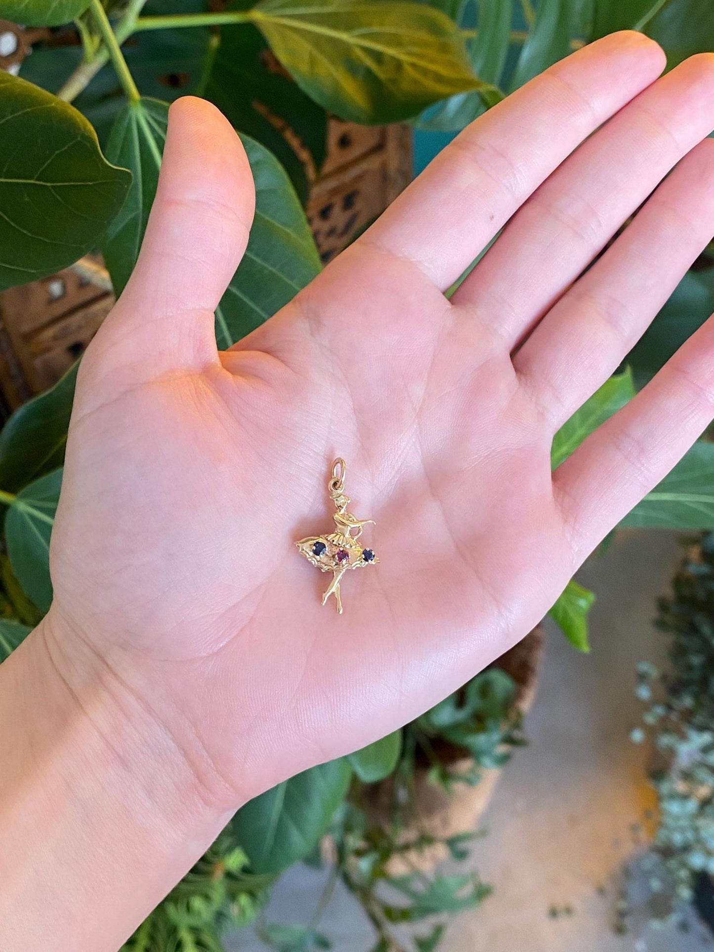 Vintage Solid 14k Yellow Gold Pink and Blue Sapphire Ballerina Charm
