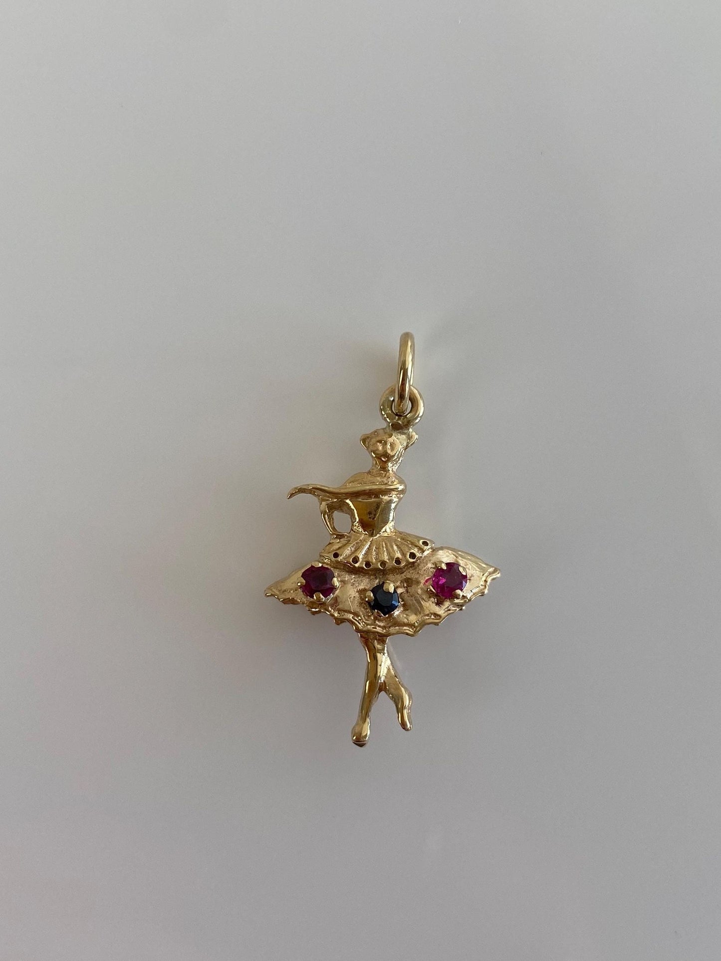 Vintage Solid 14k Yellow Gold Pink and Blue Sapphire Ballerina Charm
