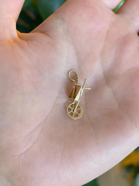 Vintage Solid 9k Yellow Gold Wheelbarrow Charm