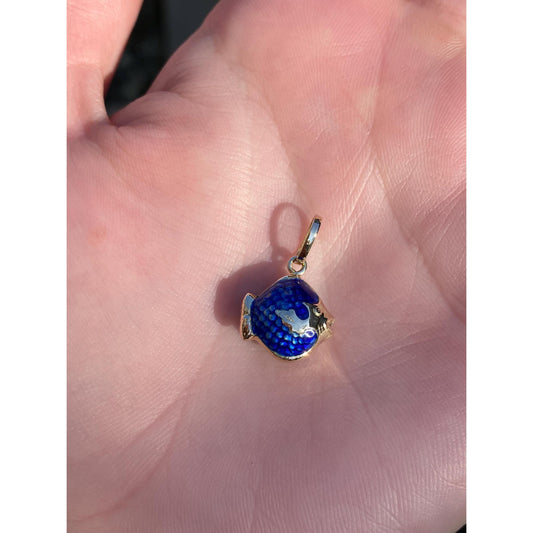 Vintage Solid 14k Yellow Gold Blue Enamel Fish Charm