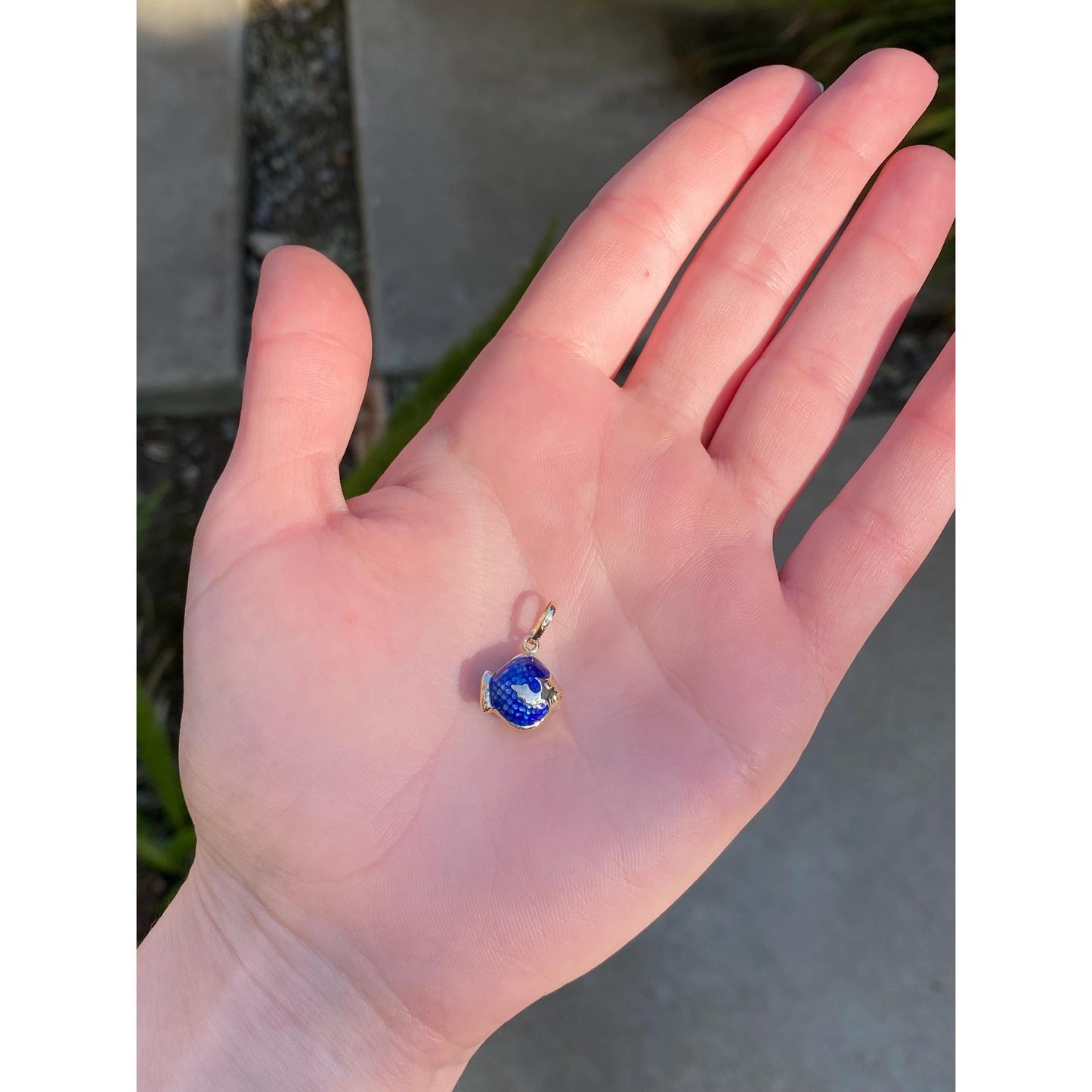 Vintage Solid 14k Yellow Gold Blue Enamel Fish Charm
