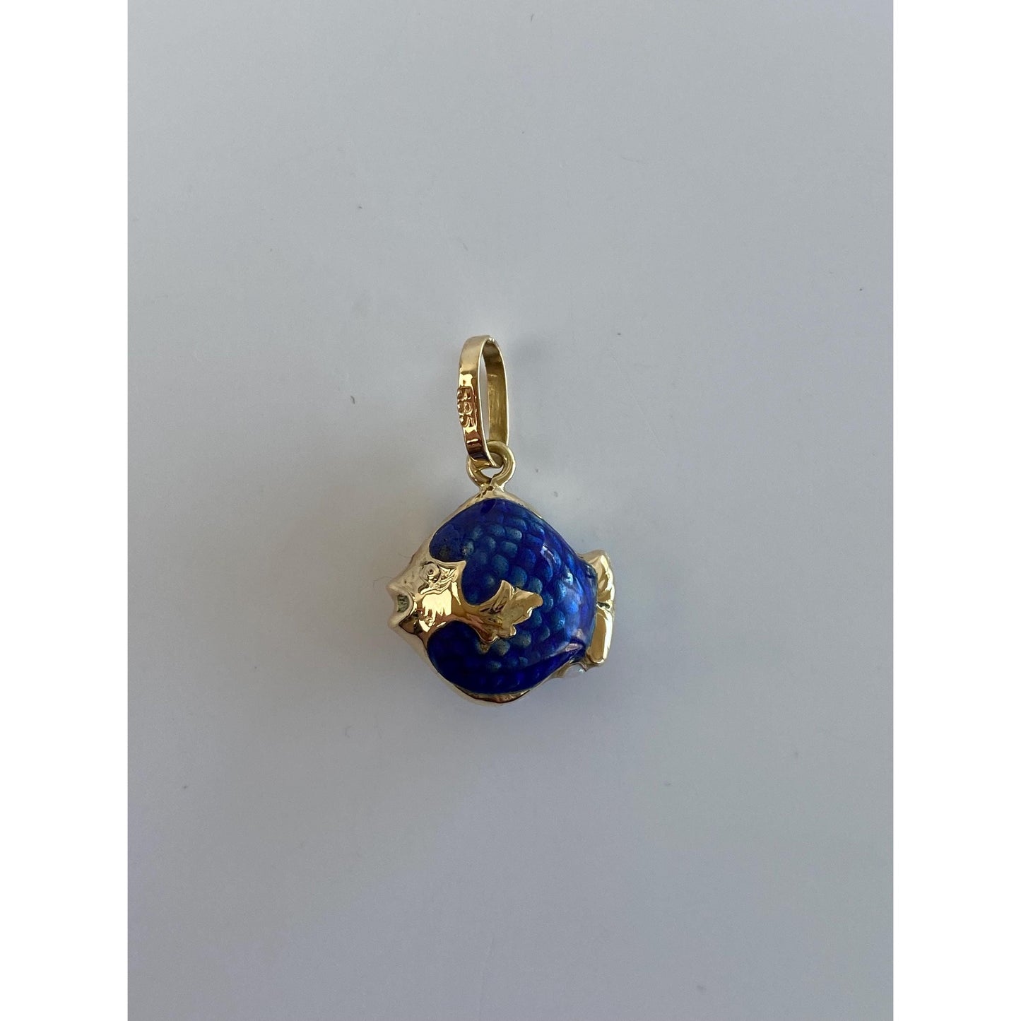 Vintage Solid 14k Yellow Gold Blue Enamel Fish Charm