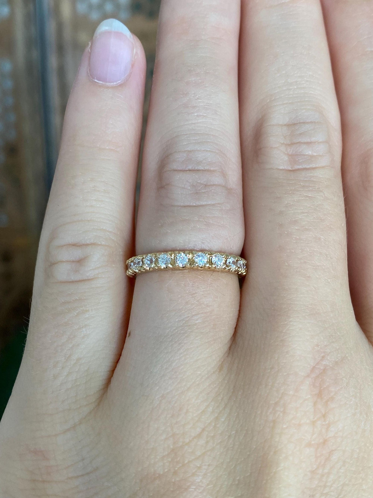 Vintage Solid 14k Yellow Gold Clear Cubic Zirconia Eternity Ring Band - Size 5.5