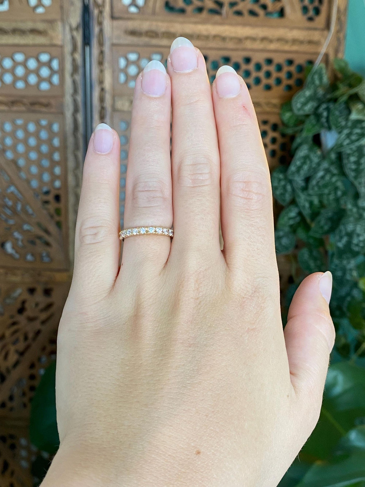 Vintage Solid 14k Yellow Gold Clear Cubic Zirconia Eternity Ring Band - Size 5.5
