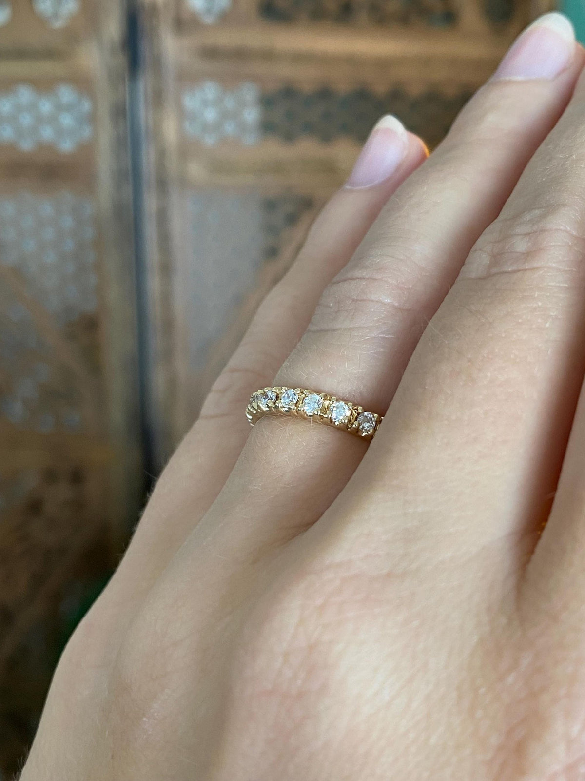 Vintage Solid 14k Yellow Gold Clear Cubic Zirconia Eternity Ring Band - Size 5.5