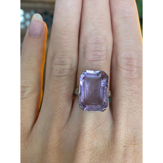 Vintage Solid 18k White Gold Amethyst Intaglio Cameo Ring - Size 6.5