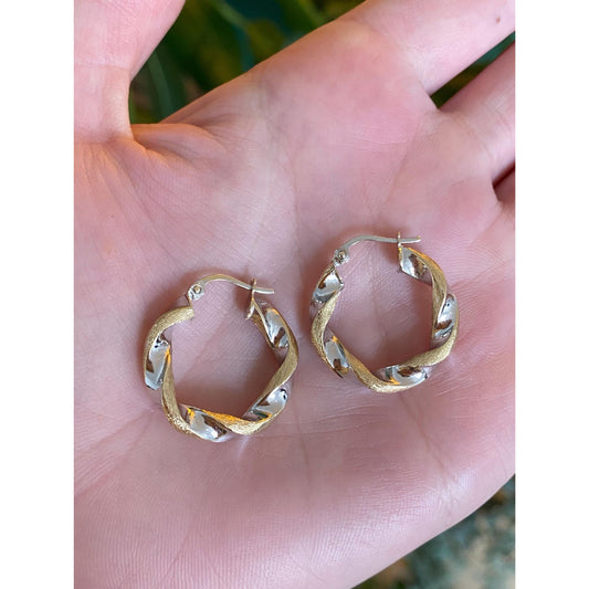 Vintage 14k White & Yellow Gold Twist Hoop Earrings