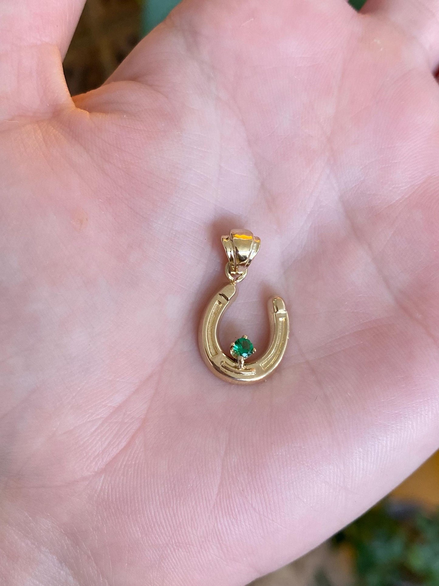 Vintage Solid 14k Yellow Gold Green Cubic Zirconia Horseshoe Charm