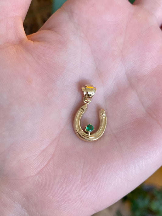 Vintage Solid 14k Yellow Gold Green Cubic Zirconia Horseshoe Charm