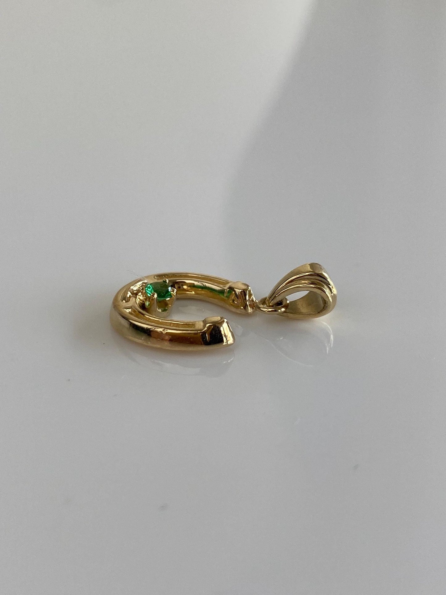 Vintage Solid 14k Yellow Gold Green Cubic Zirconia Horseshoe Charm